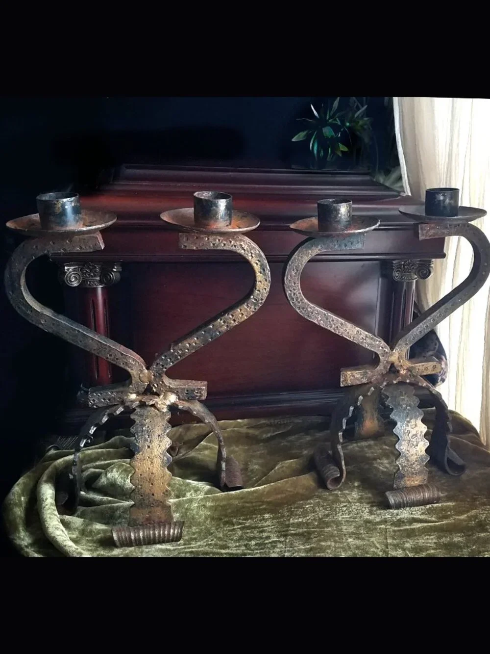 Pair of Vintage MCM 1960s Brutalist Wrought Iron Candelabras 9” Beautiful Patina